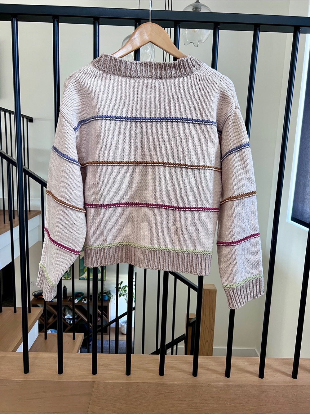 New In Oversized Beige Striped Open-Front Women's Cardigan Sweater - Picture 5 of 11